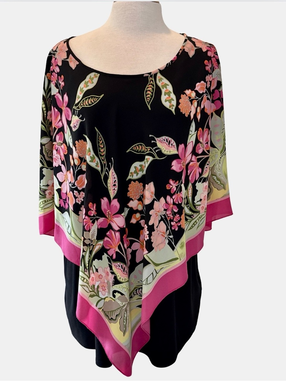 Slim Factor by Investments Floral Poncho Top with pink vibrant flowers